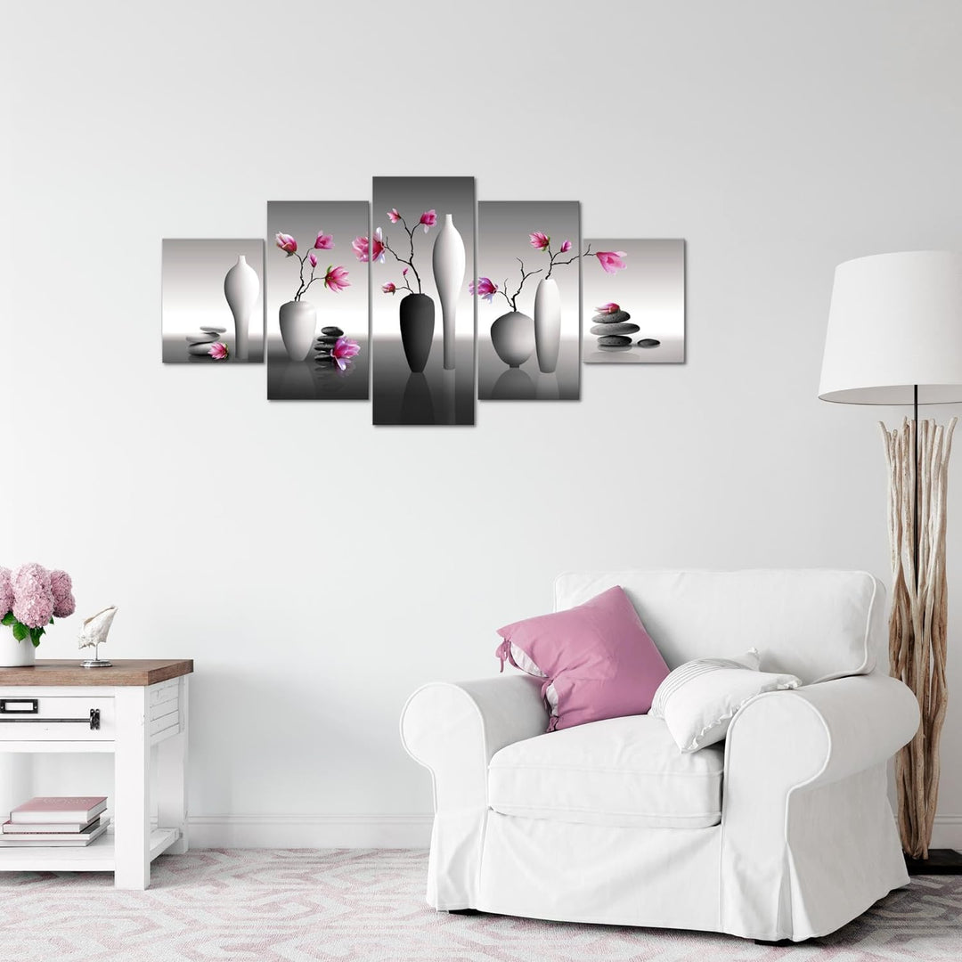 Runa Art Wandbilder Blumen Magnolien 5 Teilig Bild auf Vlies Leinwand Deko Wohnzimmer Spa Rosa Grau