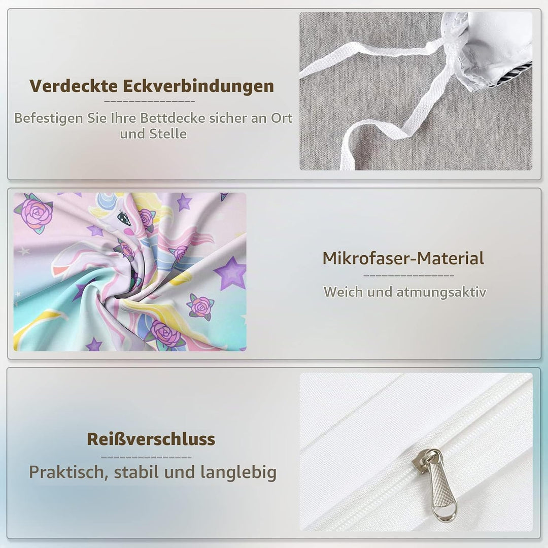 AVJWWD Einhorn Bettwäsche Set Kinder Mikrofaser Bettwäsche Cartoon Einhorn 3D Gedruckt Bettbezug 3 T