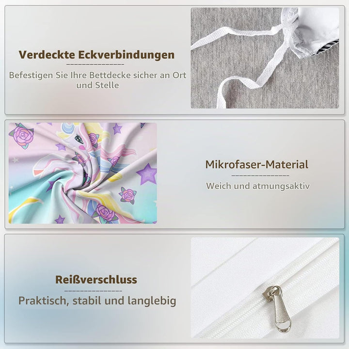 AVJWWD Einhorn Bettwäsche Set Kinder Mikrofaser Bettwäsche Cartoon Einhorn 3D Gedruckt Bettbezug 3 T