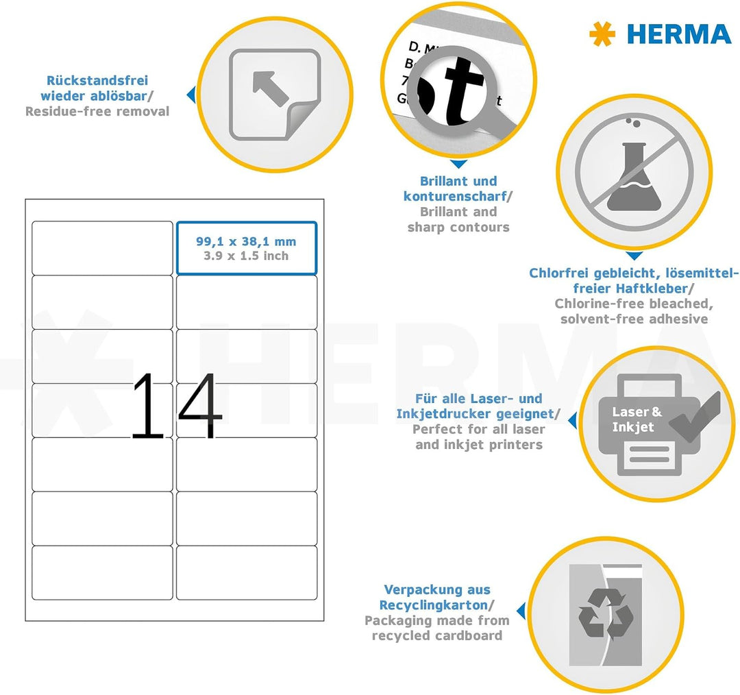 HERMA 10310 Universal Etiketten ablösbar, 100 Blatt, 99,1 x 38,1 mm, 14 Stück pro A4 Bogen, 1400 Auf