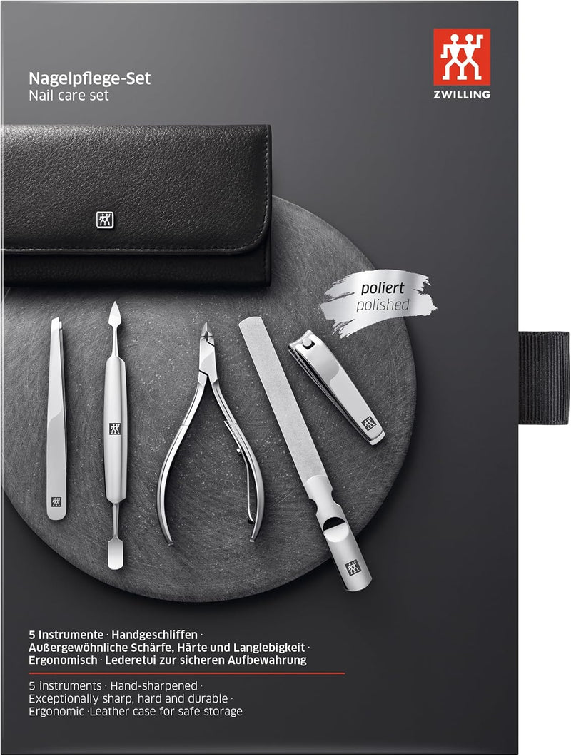 ZWILLING Maniküre Set 5-teilig mit Rindleder Etui, Professionelle Pflege für Hände und Füsse, Schwar