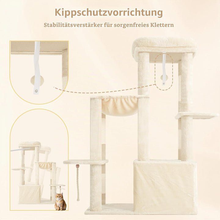 Heybly Kratzbaum 120cm - Grosser Katzenbaum für Erwachsene Katzen mit XL-Basis, Katzenwohnung mit Me