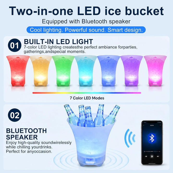 RANJIMA LED Eiskübel 5L mit Bluetooth Lautsprecher, LED Sektkübel mit Farbwechsel RGB, Multicolor Ei