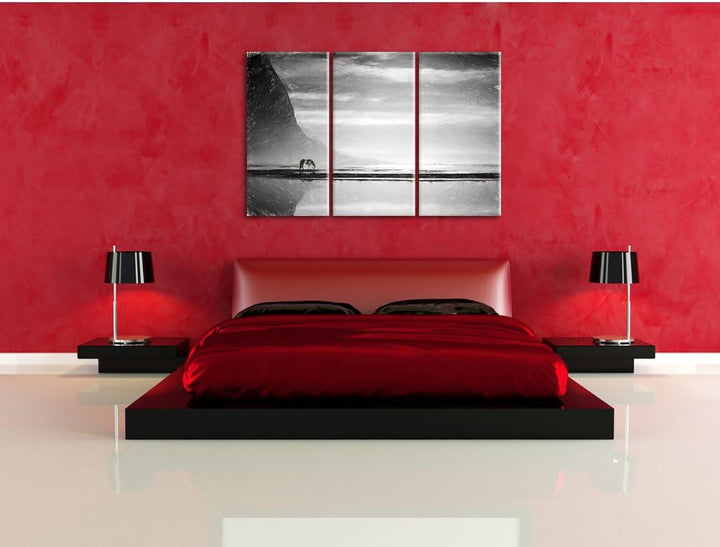 Pixxprint Pferd am Ufer Einer Insel / 3-Teilig/Gesamtmass 120cm Leinwandbild bespannt auf Holzrahmen