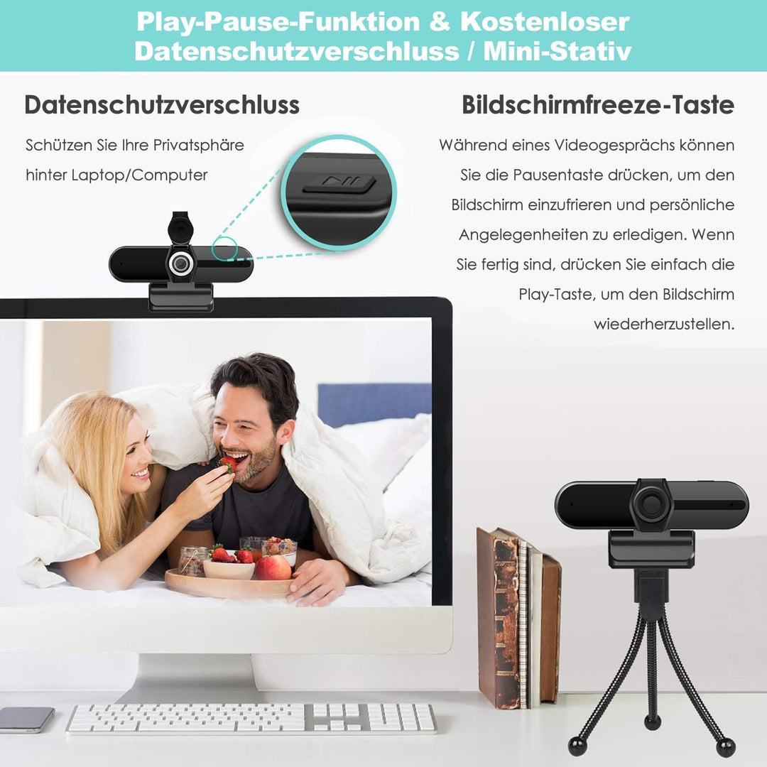 Webcam 4K 1080P mit Mikrofon 8 Megapixel USB Computer Web-Kamera Privatsphäre Auslöser und Stativ, P