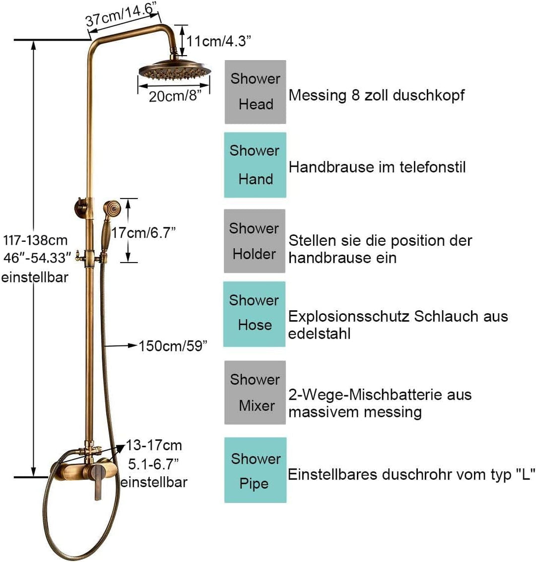 Rozin Antik Messing Duschsystem mit 8 Zoll Regendusche Duschkopf und Handbrause Einzelgriff Fertig a