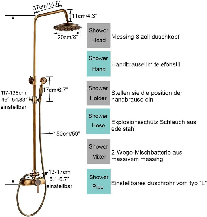 Rozin Antik Messing Duschsystem mit 8 Zoll Regendusche Duschkopf und Handbrause Einzelgriff Fertig a