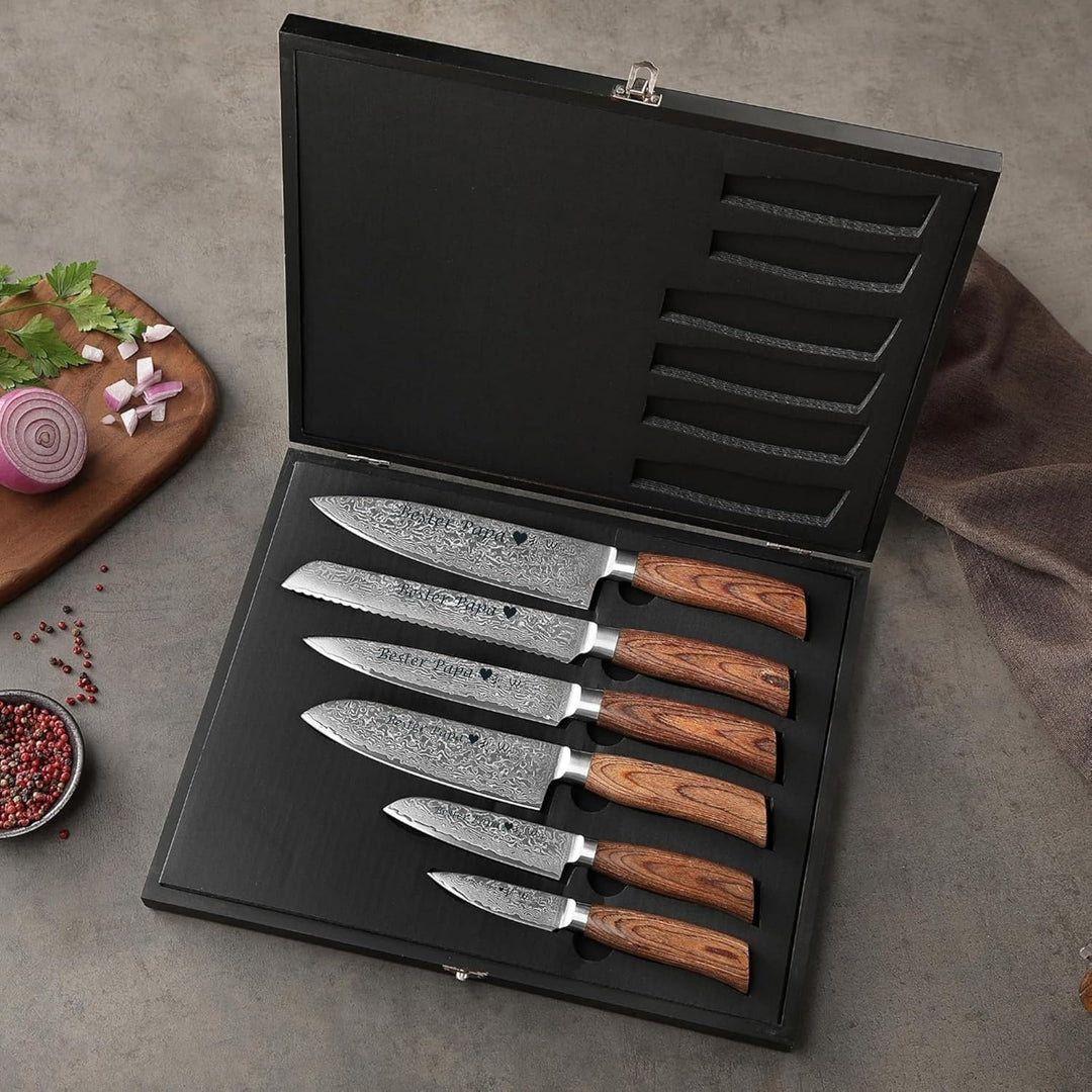 Wakoli EDIB Pro Damastmesser Set mit Gravur – Personalisiertes 6er Messerset, 20cm, 17cm, 16cm, 11cm