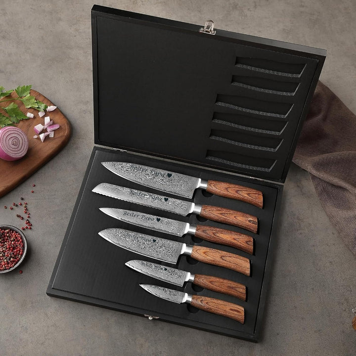 Wakoli EDIB Pro Damastmesser Set mit Gravur – Personalisiertes 6er Messerset, 20cm, 17cm, 16cm, 11cm