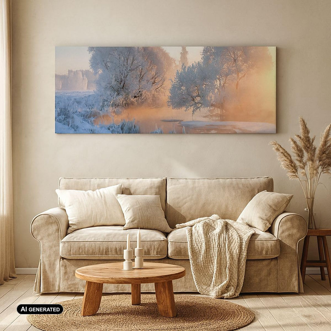 Wandbilder Dekoration Wohnzimmer Winter Schnee Fluss Panorama Bilder auf Leinwand 120x50cm Leinwandb