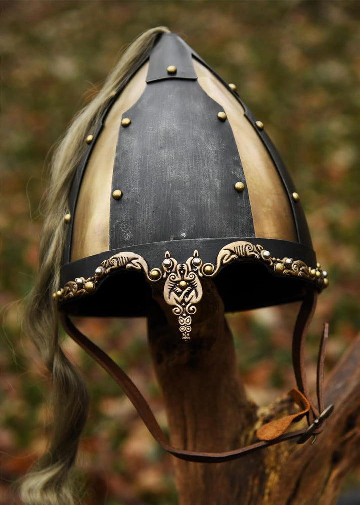 Battle-Merchant Helm aus Stahl Rus-Helm mit Pferdehaarbusch - Slawen Re-Enactment