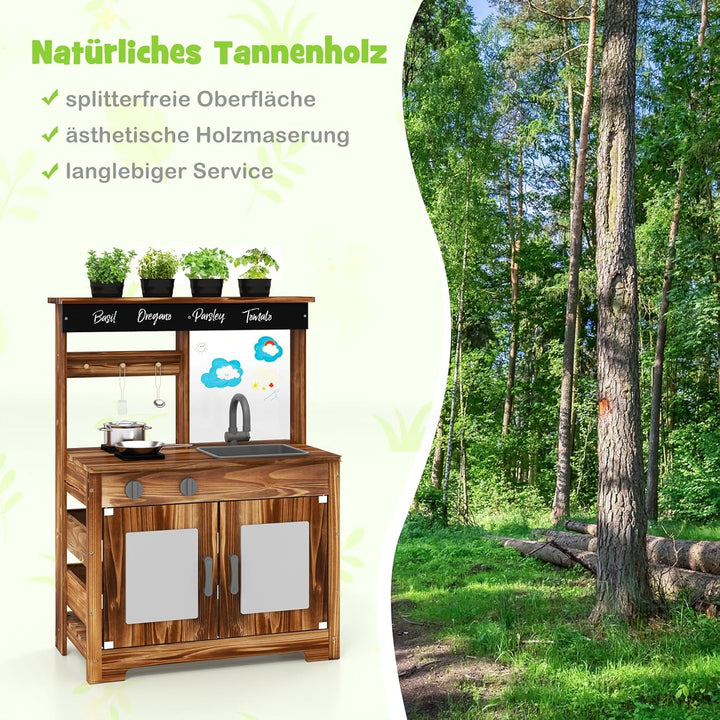 COSTWAY Matschküche Kinder Outdoor, Kinderküche Tannenholz mit 4 Kochtöpfen & Wasserhahn & Abnehmbar