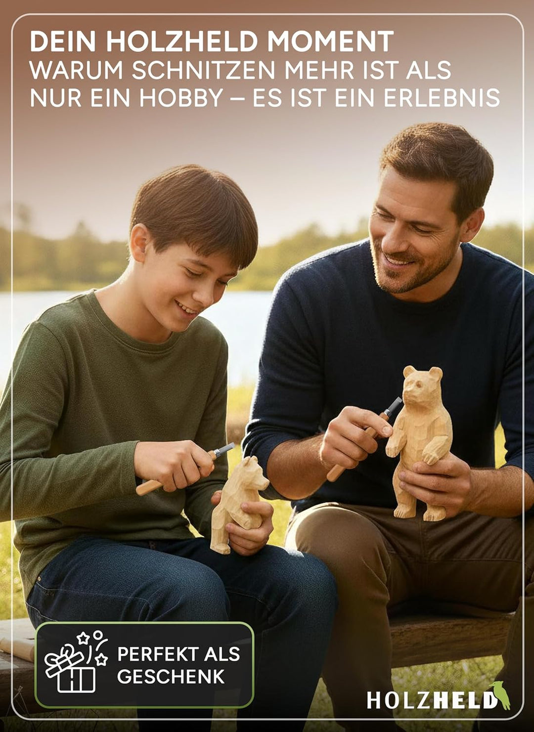 HOLZHELD Holzschnitzwerkzeug Set (14-teilig) mit Anleitung für 1 Schnitzprojekt - 12 Schnitzmesser a