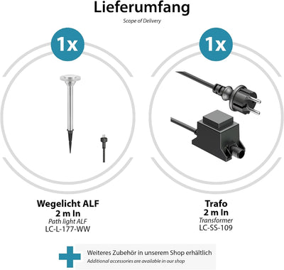 ledscom.de LED Gartenleuchte ALF chrom matt mit Erdspiess und Trafo für aussen, IP44, 70lm, warm-wei