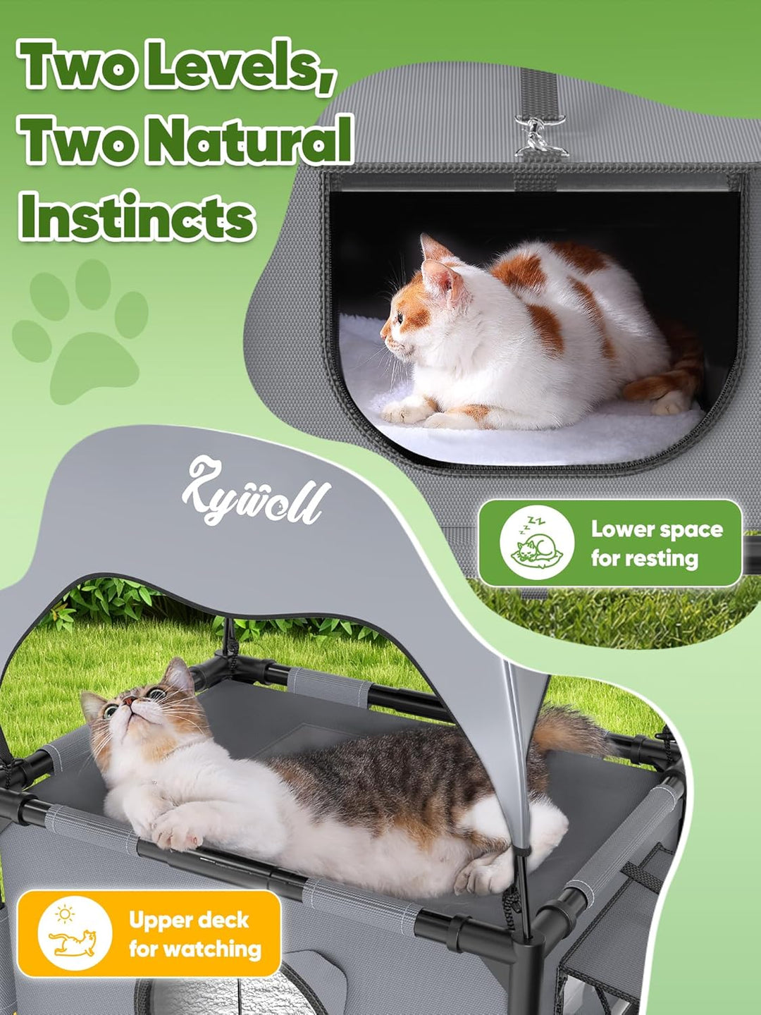 Rywell Katzenhaus Outdoor mit 2 Ebenen – Atmungsaktiv & wasserabweisend mit 12 cm Bodenerhöhung, Reg