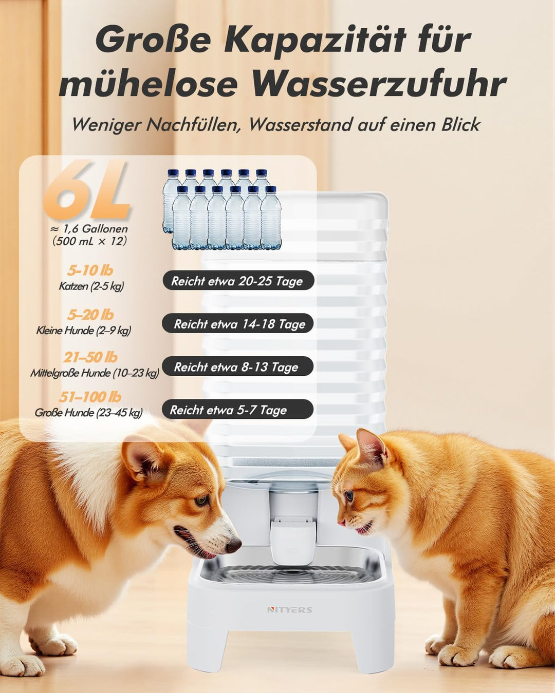 6L Wasserspender für Hunde und Katzen mit patentiertem Wasserhahn, wasserspender Katze mit Filter,ve