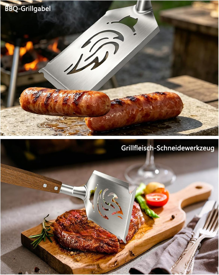 7-in-1 Grillspachtel mit Holzgriff, Multifunktion Grillwerkzeug für BBQ & Camping, Funktionen des Gr
