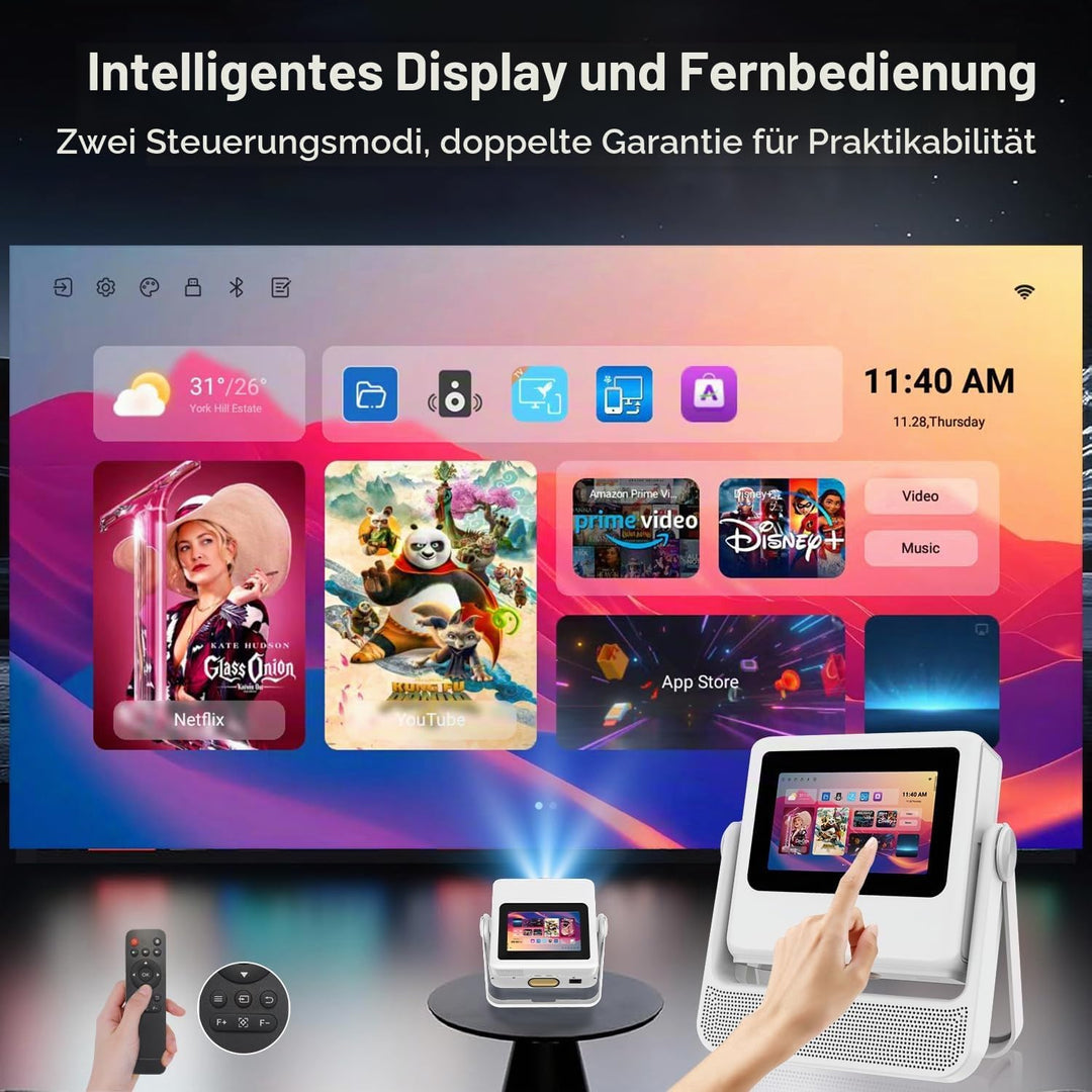 Smart Mini Beamer 4K-Unterstützung mit Touchscreen, 1100ANSI Outdoor Projektor, Autofokus &amp; Trapezko