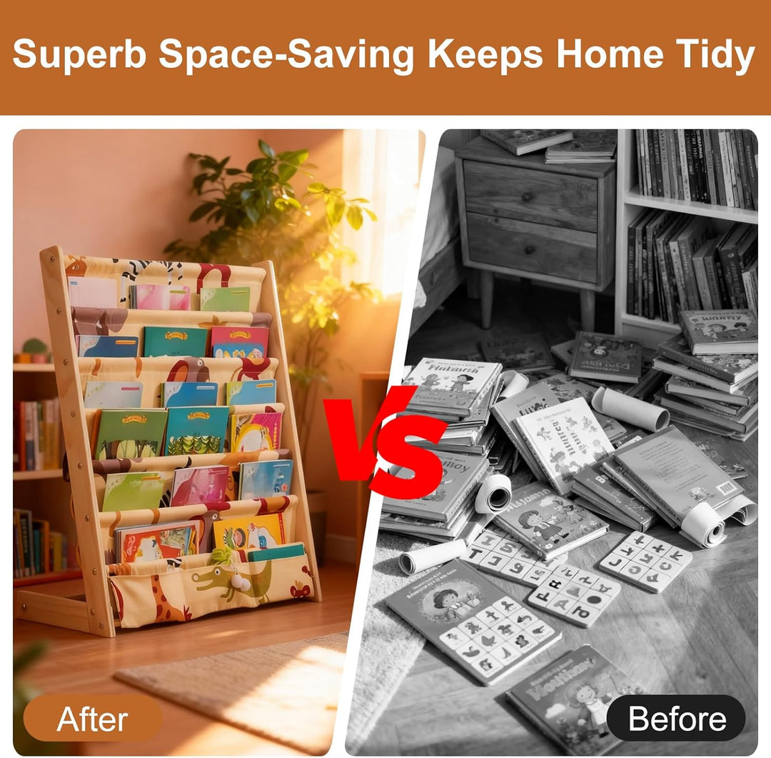 Bücherregal Kinder, 6 Ebenen Bücherregal Kinderzimmer, Aufbewahrung Kinderbücherregal mit Tasche, Bü