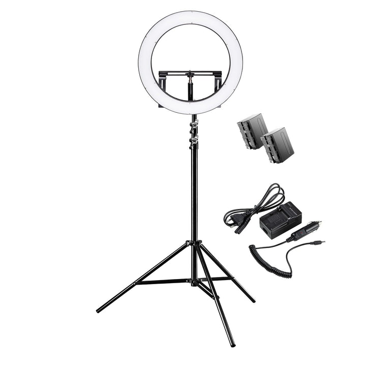 Walimex pro dimmbares LED Ringlicht 32W mit Lampenstativ & 2 Akkus I Ringleuchte mit einzeln schaltb