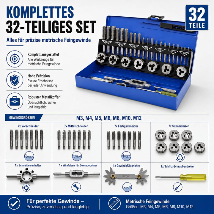 BITUXX® 32tlg Gewindeschneid Set Satz M3-M12 Gewindeschneider Gewindebohrer Set Schneideisen M3 M4 M
