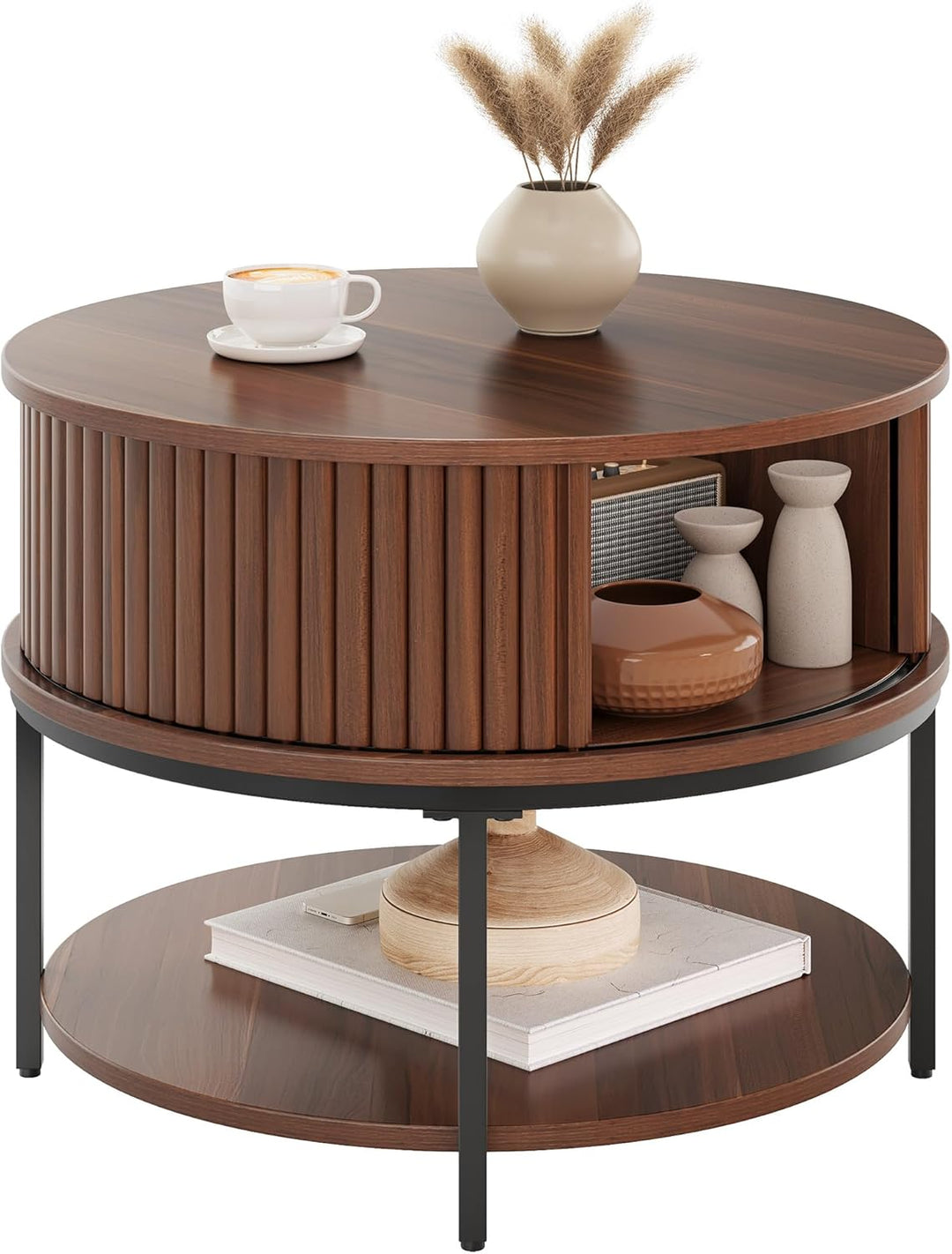 YITAHOME Couchtisch Rund, Couchtisch mit 2-stufigem Stauraum, Couchtische mit Schiebetüren im Tambou