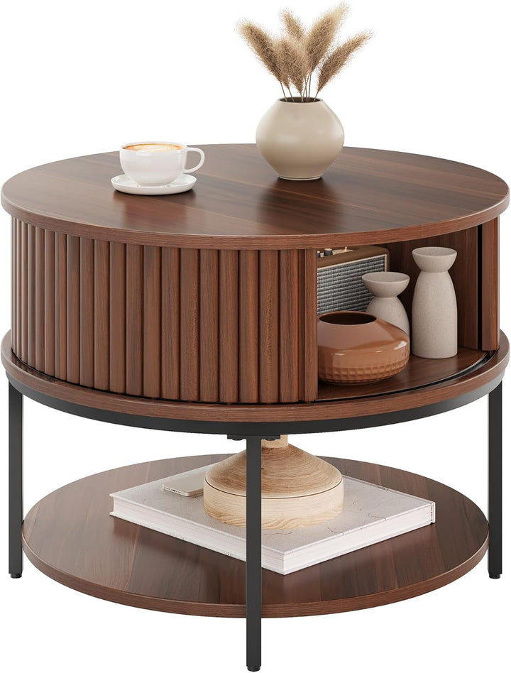 YITAHOME Couchtisch Rund, Couchtisch mit 2-stufigem Stauraum, Couchtische mit Schiebetüren im Tambou