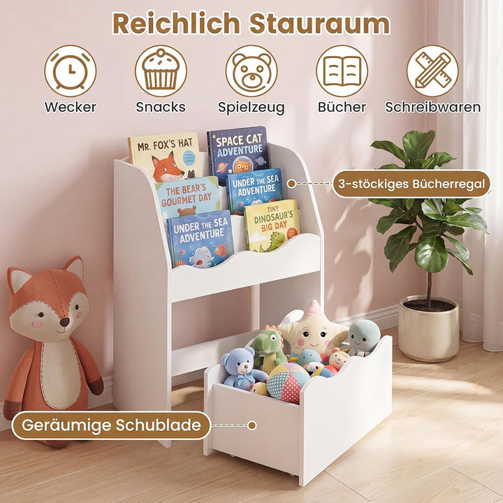 COSTWAY Kinder Bücherregal mit Schublade auf Rollen (Weiss) | 3-stufiges Kinderregal wellenförmig au