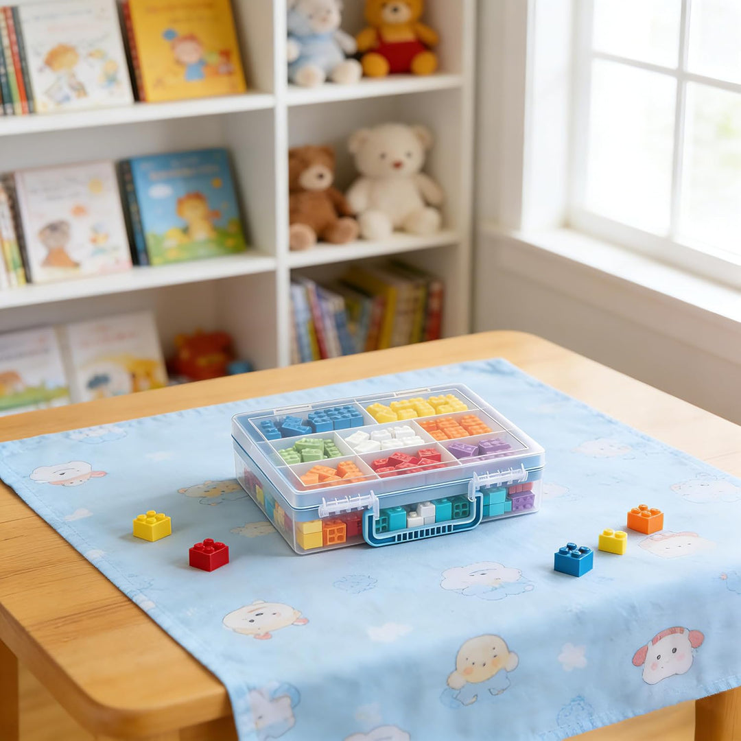 Zweistufig Aufbewahrungsbox für Lego, Bausteine Sortierbox mit 8 Fächern und 2 Druckknöpfen, Spielze