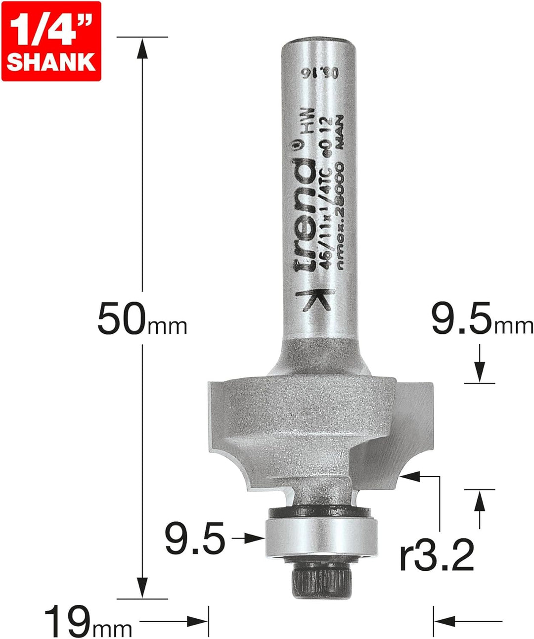 Trend - Bearing geführte ovolo cutter 3,2mm Radius - 46/11X1/4TC B/Guide OVOLO 3,2 mm RAD 257073, B/