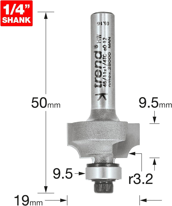 Trend - Bearing geführte ovolo cutter 3,2mm Radius - 46/11X1/4TC B/Guide OVOLO 3,2 mm RAD 257073, B/