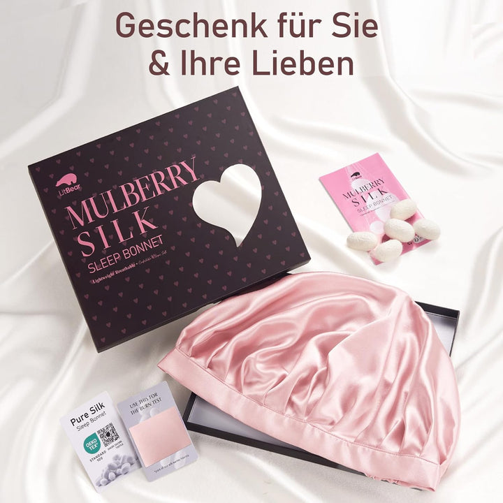 LitBear 22 Momme Seidenhaube zum Schlafen - Schlafmütze aus 100% Maulbeerseide, 100% Silk Bonnet mit