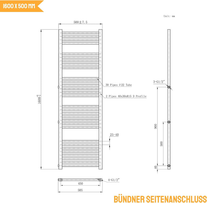 WITEN&amp;NOCK Badheizkörper 1600x 500 mm 654Watt Designheizkörper Heizkörper Seitenanschluss Nabenabsta