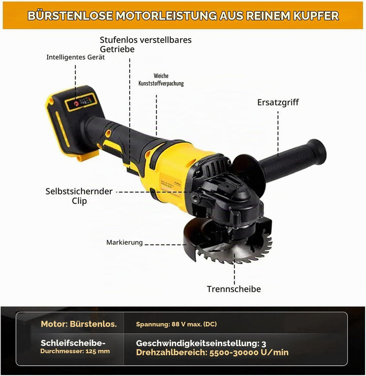 Akku Winkelschleifer 125mm, 1500W Winkelschleifer Akku mit Bürstenloser Motor, 4 Drehzahlstufen, 300
