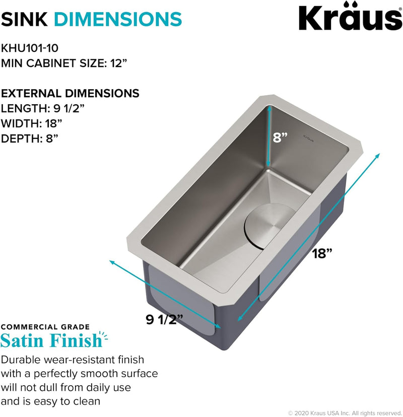 Kraus KHU101-10 Standart PRO Undermount 16 Gauge Stainless Steel Single Bowl Bar Prep Kitchen Sink,