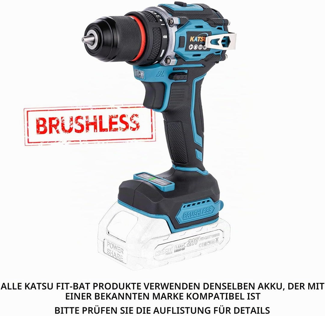 KATSU FIT-BAT 21 V bürstenloser Akku-Bohrschrauber, 10 mm, Schnellspannbohrfutter, kompakt, 2-Gang-G