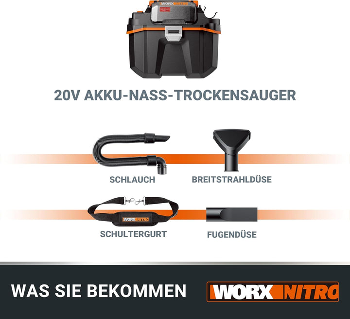 WORX WX031.9 Akku Nass-/Trockensauger - mobil und handlich - 20V - mit Fugendüse und Breitstrahldüse