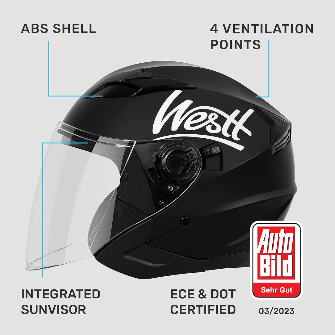 Westt Jethelm mit Visier &amp; Sonnenblende Motorradhelm Herren Damen Rollerhelm Mopedhelm Mofa Chopper