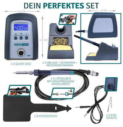 QUICK Digital Regelbare ESD Lötstation 90 Watt inkl. Lötkolben mit 1 mm Lötspitze und Zubehör - 100°