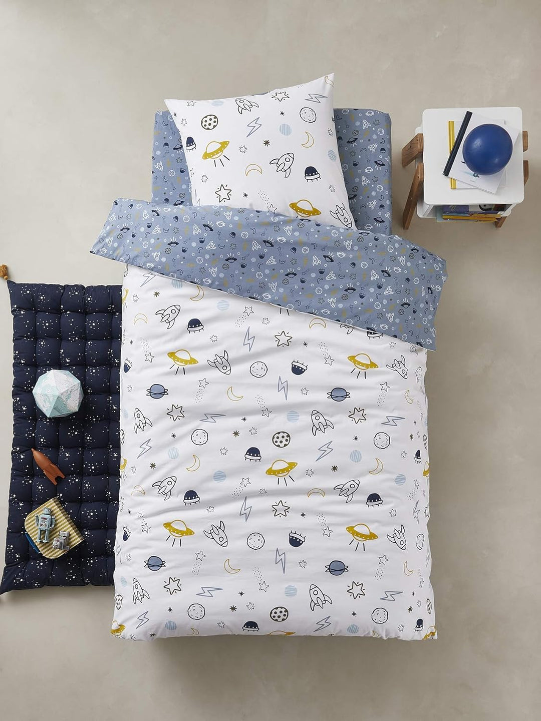 Vertbaudet Kinder Bettwäsche-Set „Cosmos“ blau/weiss Bedruckt 140X150 - Kissen 63X63 ans, ans