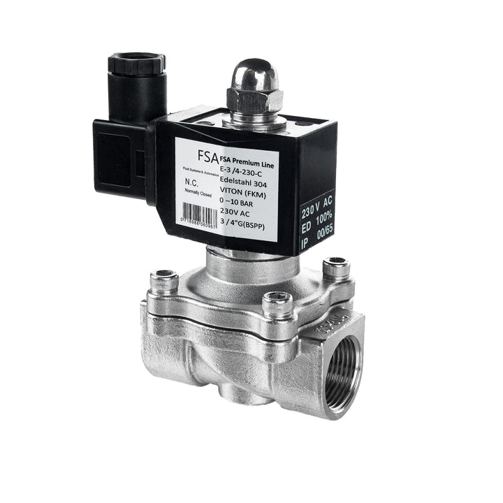 FSA Magnetventil Edelstahl 3/4" 230V AC 0-10 bar Viton stromlos geschlossen, 3/4" 230v Ac