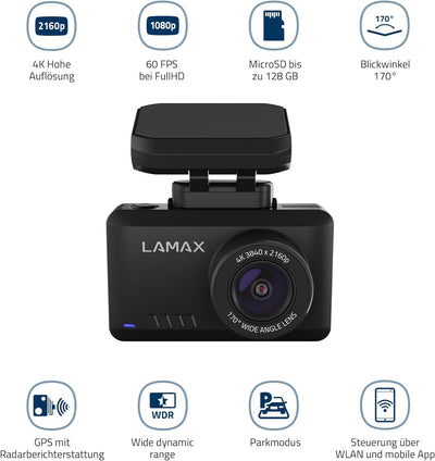 LAMAX T10 4K Dashcam mit GPS, Radarwarnung (50 Länder), WiFi + Mobile App, Weitwinkelaufnahmen 170°,