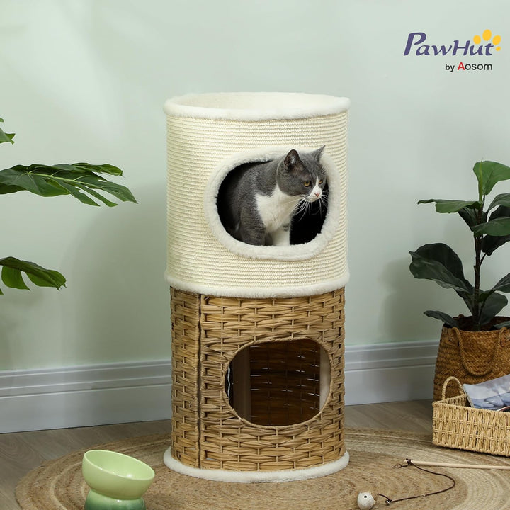 PawHut Kratztonne 80 cm Hoch Ø 40 cm dreistöckige Katzentonne mit Plüschrand, Katzenhöhle, Kratzbaum