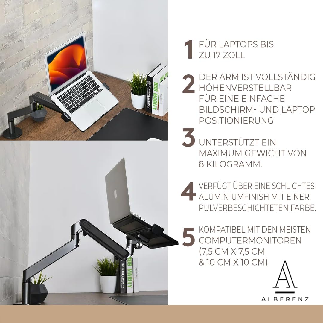 Alberenz® Laptophalterung mit Gasfeder, verstellbare Laptop Halterung für 17" Laptops, Notebook Abla