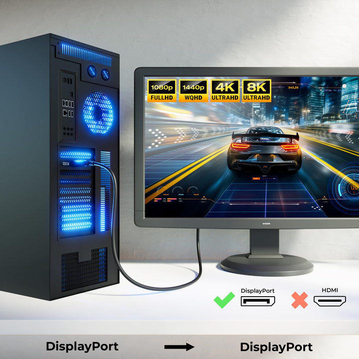 deleyCON 5m DisplayPort 8K Kabel 1.4-1080P bis 8K - Optimal für Gaming Monitore bis 360Hz PC HBR3 DS