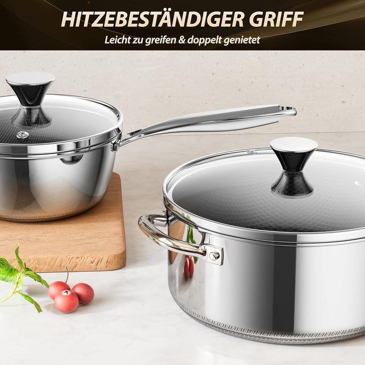 Topfset Antihaft mit Deckel 16+20+24 cm, Kochtopfset Induktion, kühl bleibender Griff, spülmaschinen