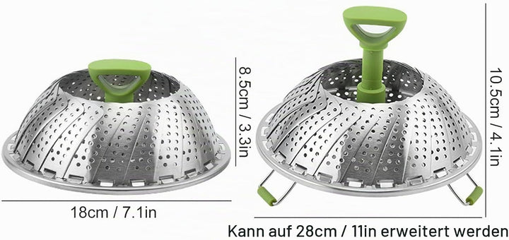 Edelstahl Dampfgarer Einsatz mit Griff, 18cm bis 28cm Einziehbares Multifunktions Faltbar Dünsteinsa