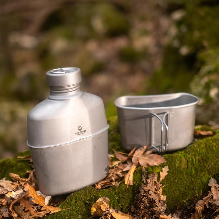 SILVERANT Titan Canteen Militär Verpflegungsset – 1000ml Wasserflasche mit 500ml verschränktem Beche