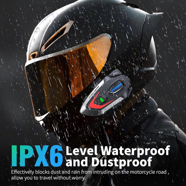 Motorrad Headset VR1,Motorrad Kopfhörer für eine Person,Motorrad Headset Bluetooth,Wasserdicht IPX6,
