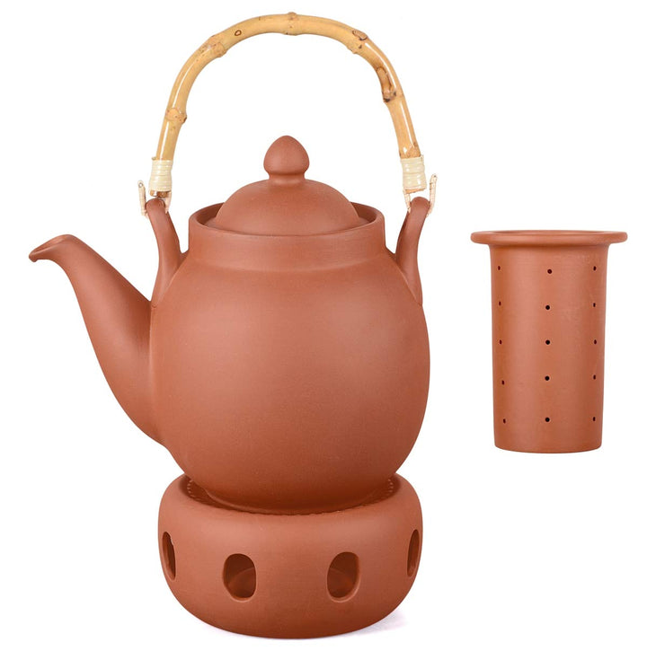 Aricola Ton Teekanne Tenno 1,6 Liter mit Tonsieb, Bambushenkel und Stövchen. Handgefertigt, Original